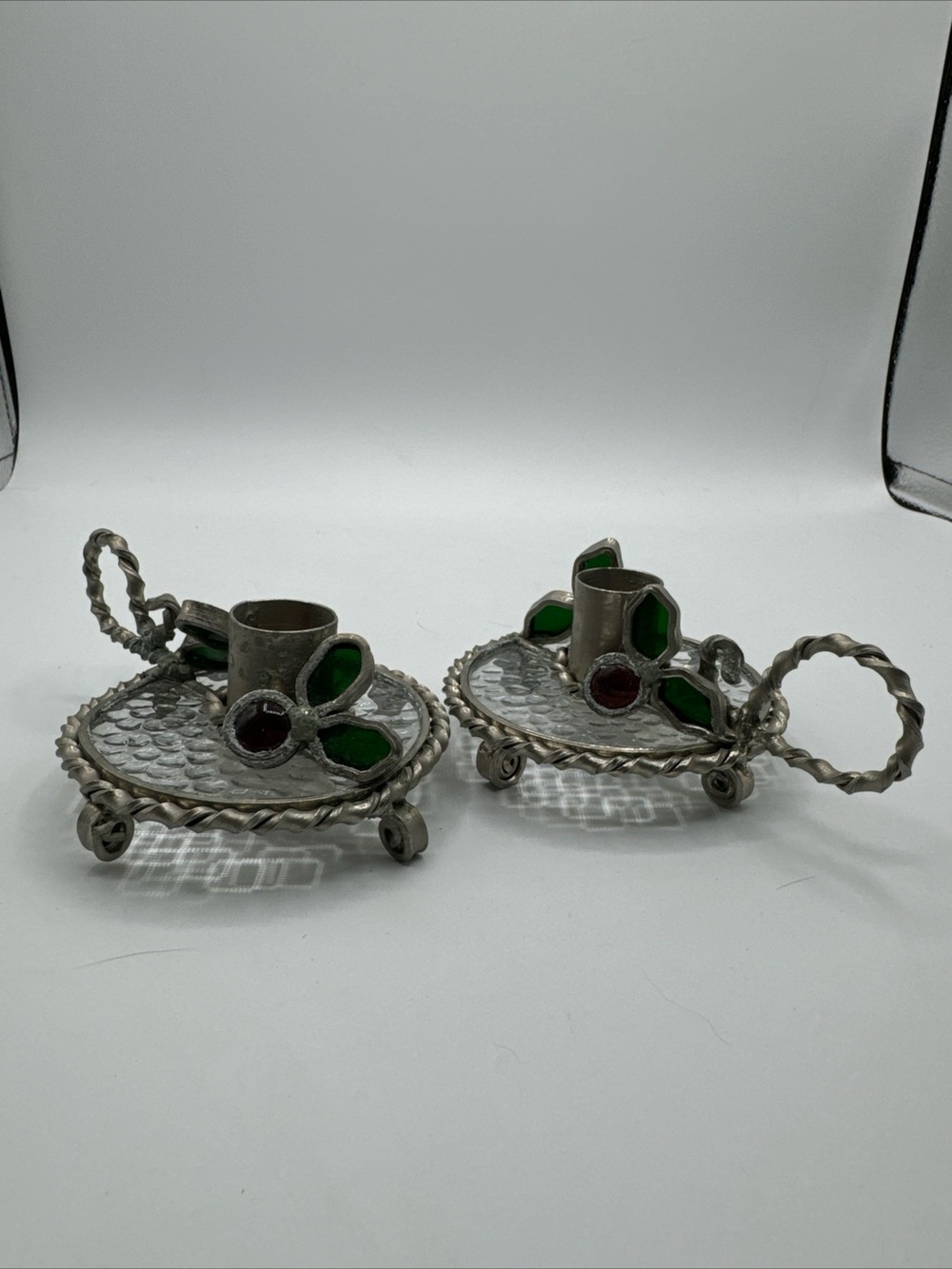 Stained Glass Holly Candlestick Holders Vintage Handmade *Read Description*